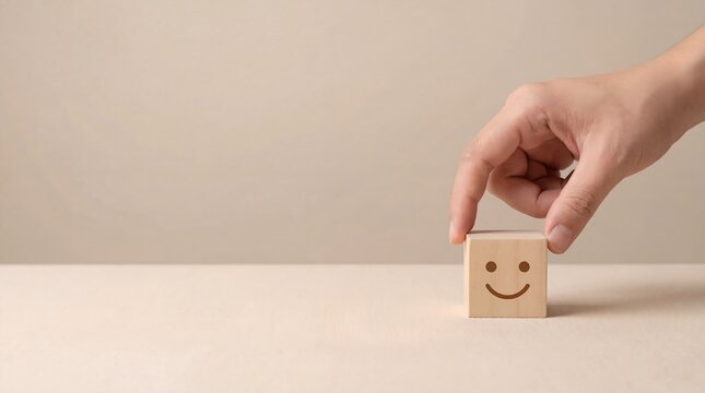 A hand is placing a wooden cube with a smiling face on a wooden surface, showing customer satisfaction 