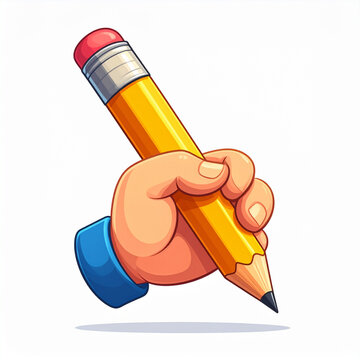 Cartoon hand holding a large pencil on white background