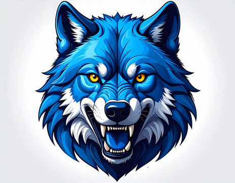 Electric blue wolf head illustration shows sharp teeth on white background