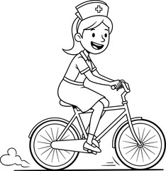 Fototapeta premium Cartoon Nurse Riding Bicycle Line Art Illustration with Healthcare Worker Character Cycling for Healthy Lifestyle, Medical Profession and Eco Friendly Transport Concept