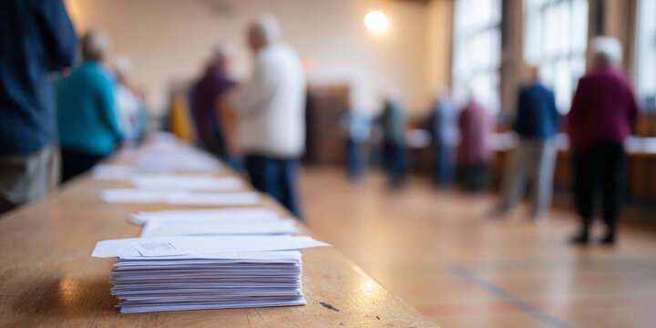 Stack of ballots on table in polling station