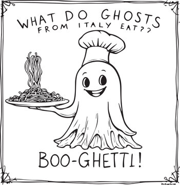 Funny halloween ghost chef serving pasta cartoon cute spooky humor line art illustration vector