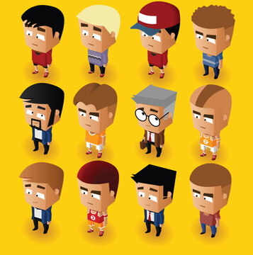 Isometric Blocky Characters On Yellow Background