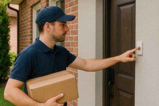 Delivery man ringing doorbell while holding package in front of house