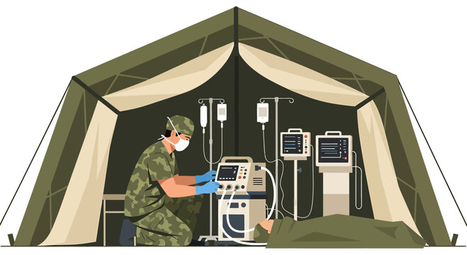 Military Medic Tends to Patient in Field Hospital Tent with Ventilator