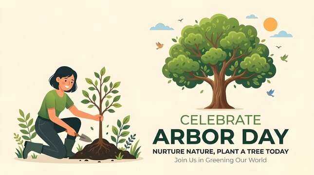 Happy Arbor Day Concept with Cute Earth Character Holding a Small Tree Sapling for Reforestation and Environmental Education