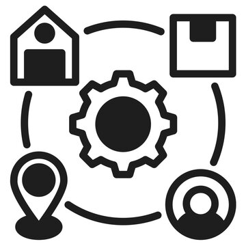 Conceptual representation of logistics and supply chain management with key elements like warehouse, delivery, and tracking integrated with a central gear symbolizing operations and efficiency