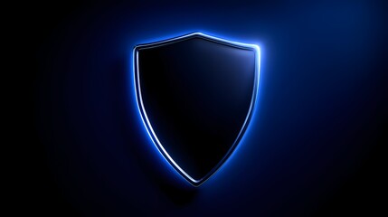 Fototapeta premium Glowing Blue Neon Shield Outline on Dark Background Representing Modern Cybersecurity and Virtual Network Protection Services