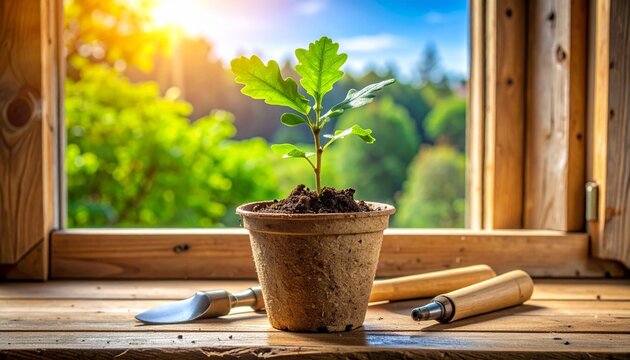 A young oak sapling grows in a biodegradable peat pot on a rustic wooden windowsill beside small gardening hand tools.