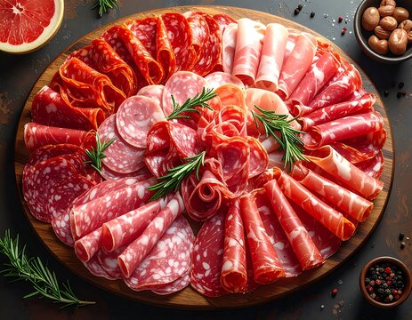 Gourmet Charcuterie Board with Cured Meats and Rosemary.