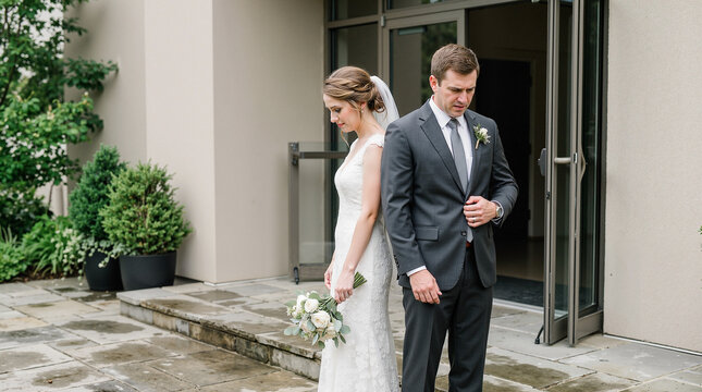 A frustrated arguing couple in wedding attire standing back to back outdoors, a photo for relationship counseling and divorce articles.