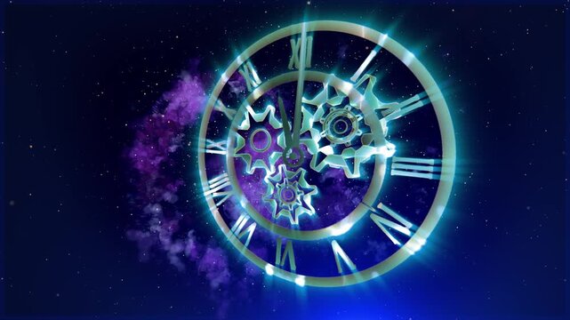 A surreal cosmic clock with rotating gears floats within a glowing galaxy, symbolizing the infinite flow of time, universal motion, and the connection between mechanics and the cosmos.
