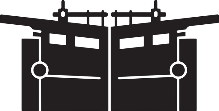 Symmetrical black silhouette of a canal lock gate or industrial floodgate mechanism