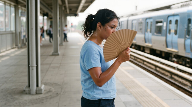 A commuter uses a folding accessory for hand fanning face in summer heat at a train station, ideal for urban lifestyle blogs.