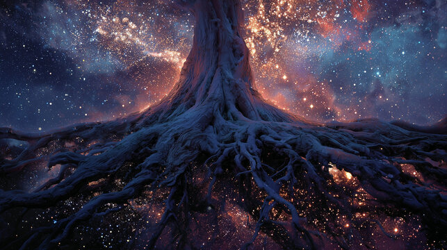 Cosmic Tree with Roots Growing into Galaxies in Surreal Space Fantasy Scene