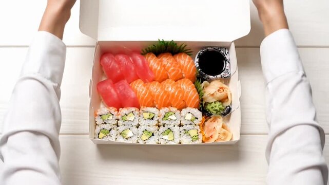 An elegant sushi box featuring a variety of fresh rolls and sashimi.