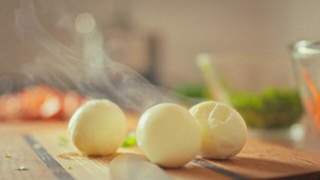 In a bright kitchen, a tray of freshly boiled eggs steams on a wooden cutting board, tiny vapor curls rising as the simple cooking process finishes, highlighting everyday food preparation