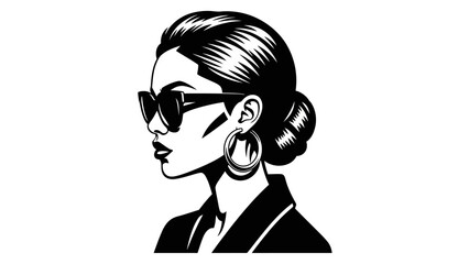 Chic Woman Profile Portrait, Sunglasses, Elegant Hairstyle, Hoop Earrings, Business Blazer, Black and White © ISLAH