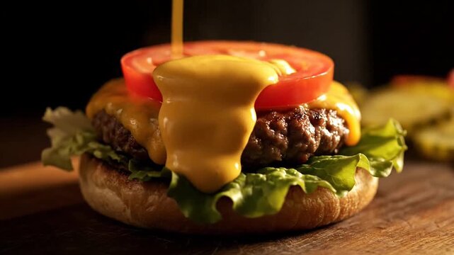 A juicy burger with cheese, lettuce, and tomato being drizzled with sauce.