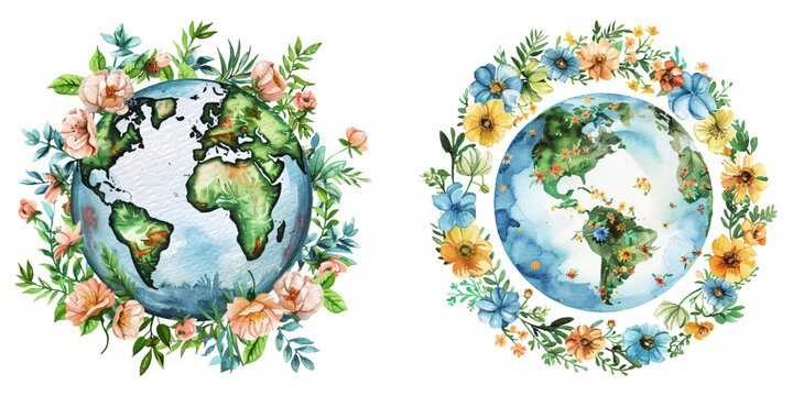 globe with flowers wreath watercolor vector illustration