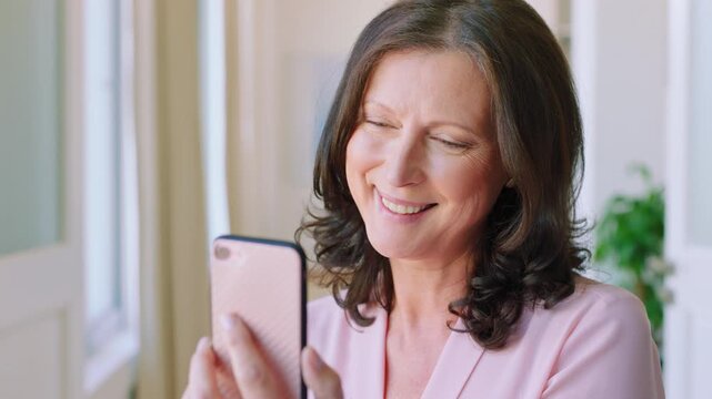 Happy woman, wave and video call with phone for virtual chat, online meeting or discussion in home. Female person, user or smile with mobile smartphone app for communication, conversation or goodbye