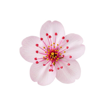 ultra photorealistic macro close-up of a delicate light pink cherry blossom, visible red stamens, isolated on a seamless transparent studio background with copy space, top-down view, concept of