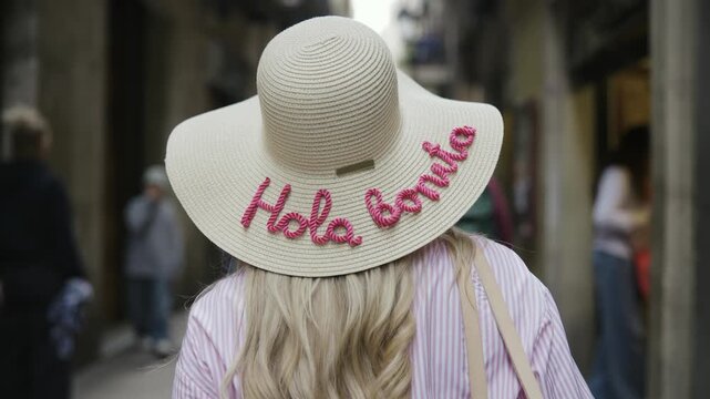 Stylish Woman with 'Hola Bonita' Hat Explores Historic Barcelona Streets