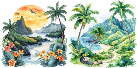 Obraz premium hawaiian lanscape watercolor vector illustration