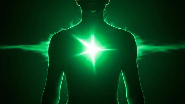 Human Silhouette with Glowing Green Heart Chakra Light