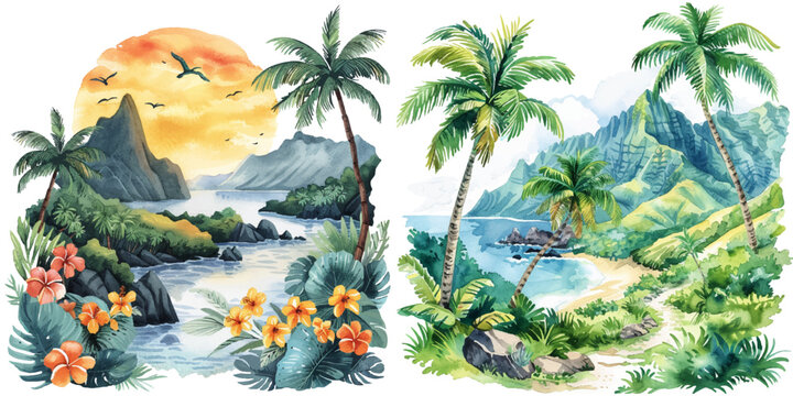 hawaiian lanscape watercolor vector illustration
