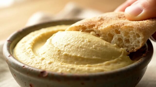 A close-up of bread dipping into creamy hummus in a rustic bowl