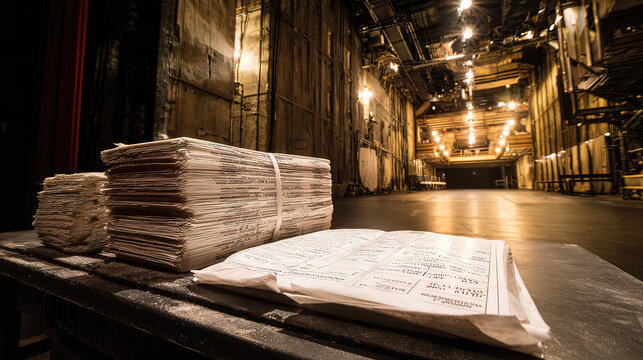backstage. A table in the wings of a stage, stacked with bound scripts under dramatic lighting. event programs, museum guides, designed for cultural heritage projects and event programs.
