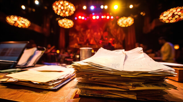backstage. A table in the wings of a stage, stacked with bound scripts under dramatic lighting. event programs, museum guides, designed for cultural heritage projects and event programs.
