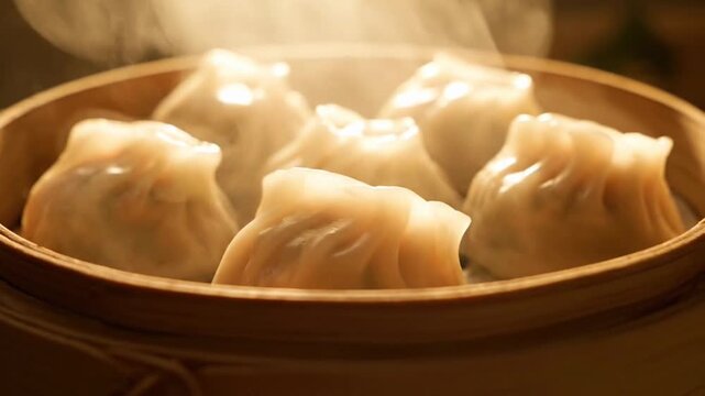 Delicious, steaming dumplings in a bamboo steamer, inviting and warm.