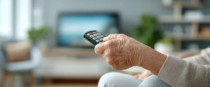 Close-up of elderly person's hand holding remote control in cozy living room with blurred background and natural light
