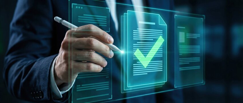 Digital document verification process corporate office business communication modern workspace close-up view innovation in workflow efficiency
