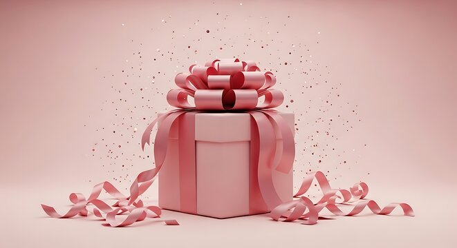 Pink gift box with a large pink ribbon and bow, surrounded by swirling ribbons and confetti. jpg