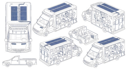 Naklejka premium Solar Ambulance Blueprint Vector – Blue Outline Emergency Medical Vehicle Multiview Technical Drawing Healthcare Transport Design Isolated