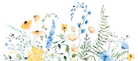 Naklejka premium Floral border with yellow and blue watercolor wildflowers and leaves, hand drawn wedding illustration