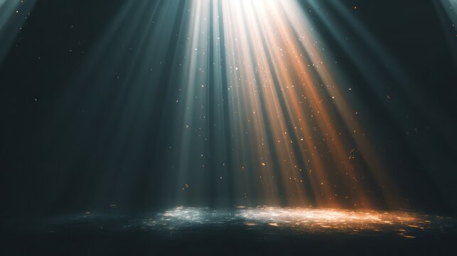 Mystical light beams illuminating particles on dark stage, atmospheric glow