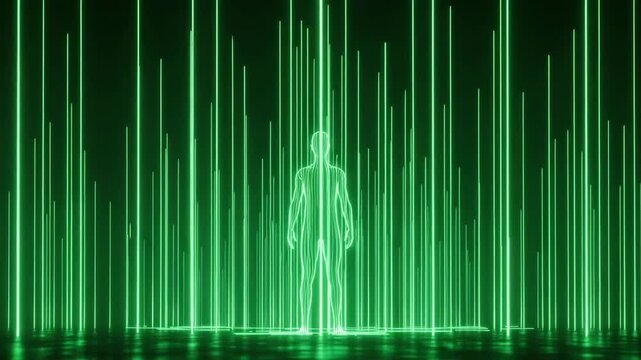 Human Silhouette standing in Green Matrix Light Beams
