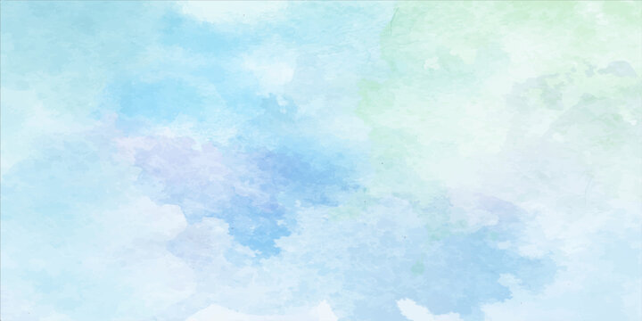 Beautiful abstract hand painted blue watercolor background texture depicting a bright summer sky with soft white clouds and sunny atmospheric light