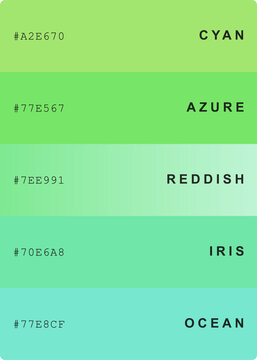 Green color palette with hex codes and names, professional swatches for graphic design and branding, modern color guide with cyan azure reddish iris and ocean shades, vector illustration