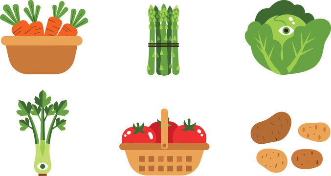 Fresh Vegetables Icons Set Featuring Carrots, Asparagus, Lettuce, Leeks, Tomatoes, and Potatoes for Healthy Eating, Farming, and Organic Food Designs