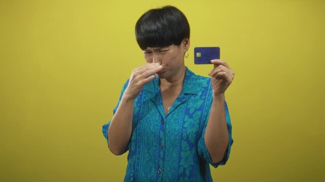 Woman pinches nose and holds creditcard wearing blue floral shirt in studio; disgust aversion avoidance rejection.