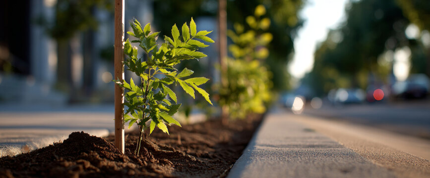 Young tree saplings planted along urban sidewalk with fresh soil and wooden stakes in soft natural light