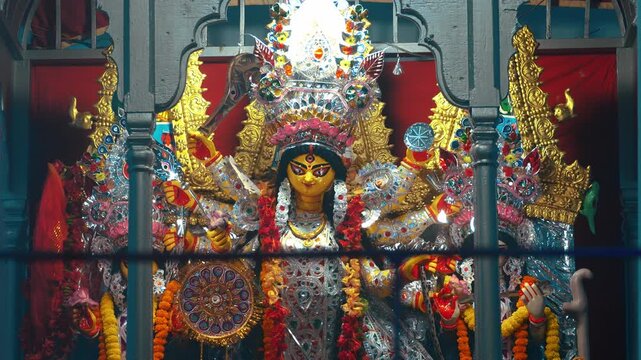 Beautiful Durga statue during Durga Puja in Kolkata India, richly decorated idol with vibrant colors