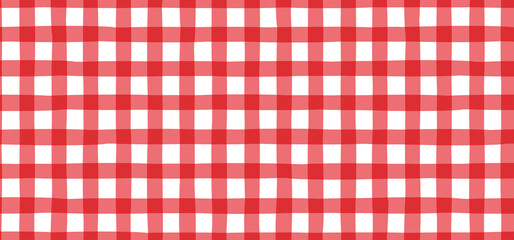 Naklejka premium Seamless red vichy check pattern, retro gingham tablecloth texture, Italian pizzeria fabric grid, classic picnic textile, vintage red white checkered vector background