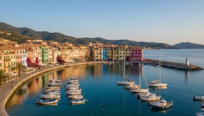Fototapeta premium Coastal town view with colorful buildings, boats in harbor, lighthouse, and green hills