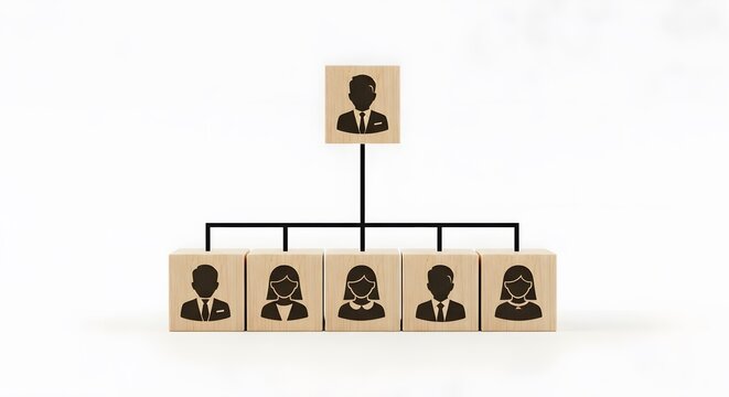 Organizational hierarchy concept with wooden blocks and icons